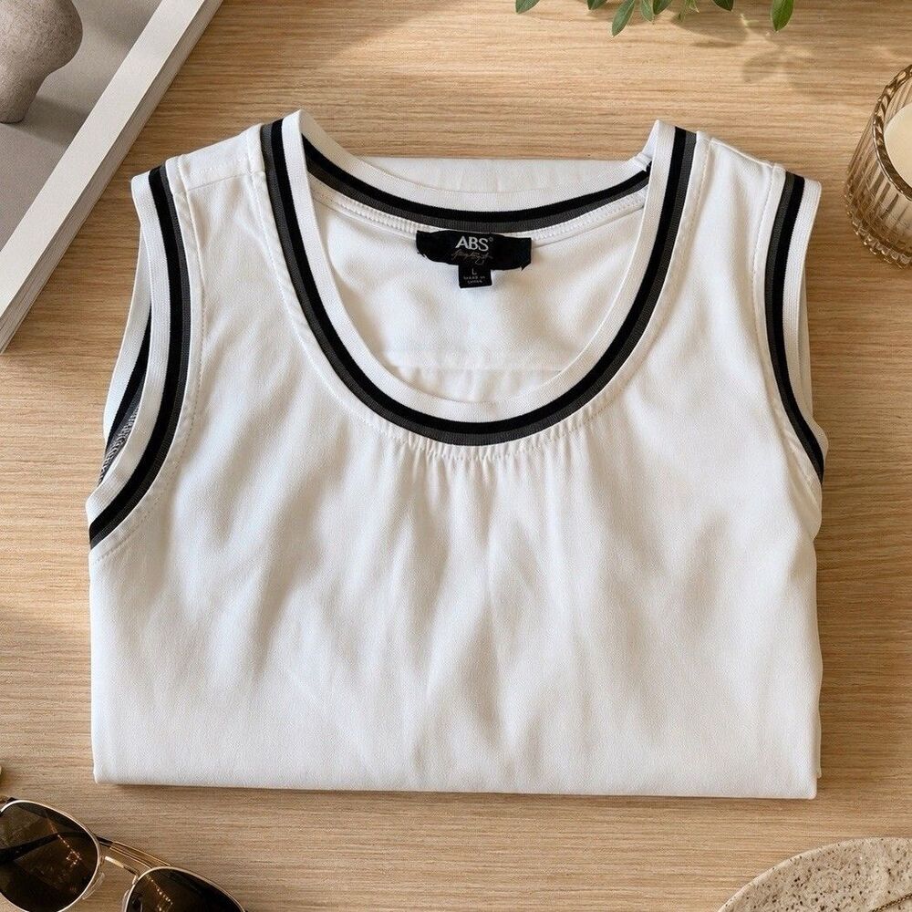 ABS Allen Schwartz White Sleeveless Dress Women's Large Black Trim NWT MSRP $88